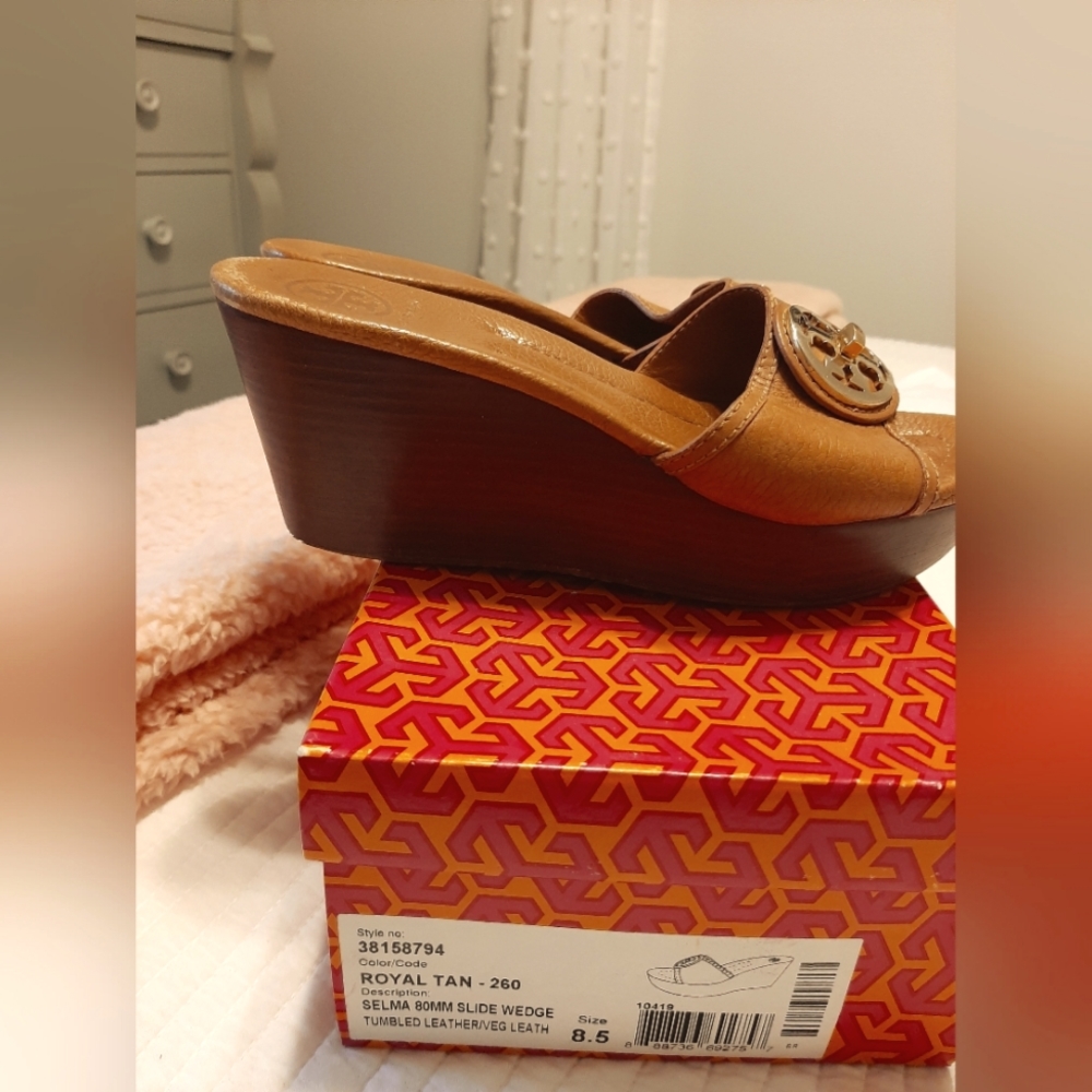 Tory Burch Selma Slide Wedge, Royal Tan, Size 8.5